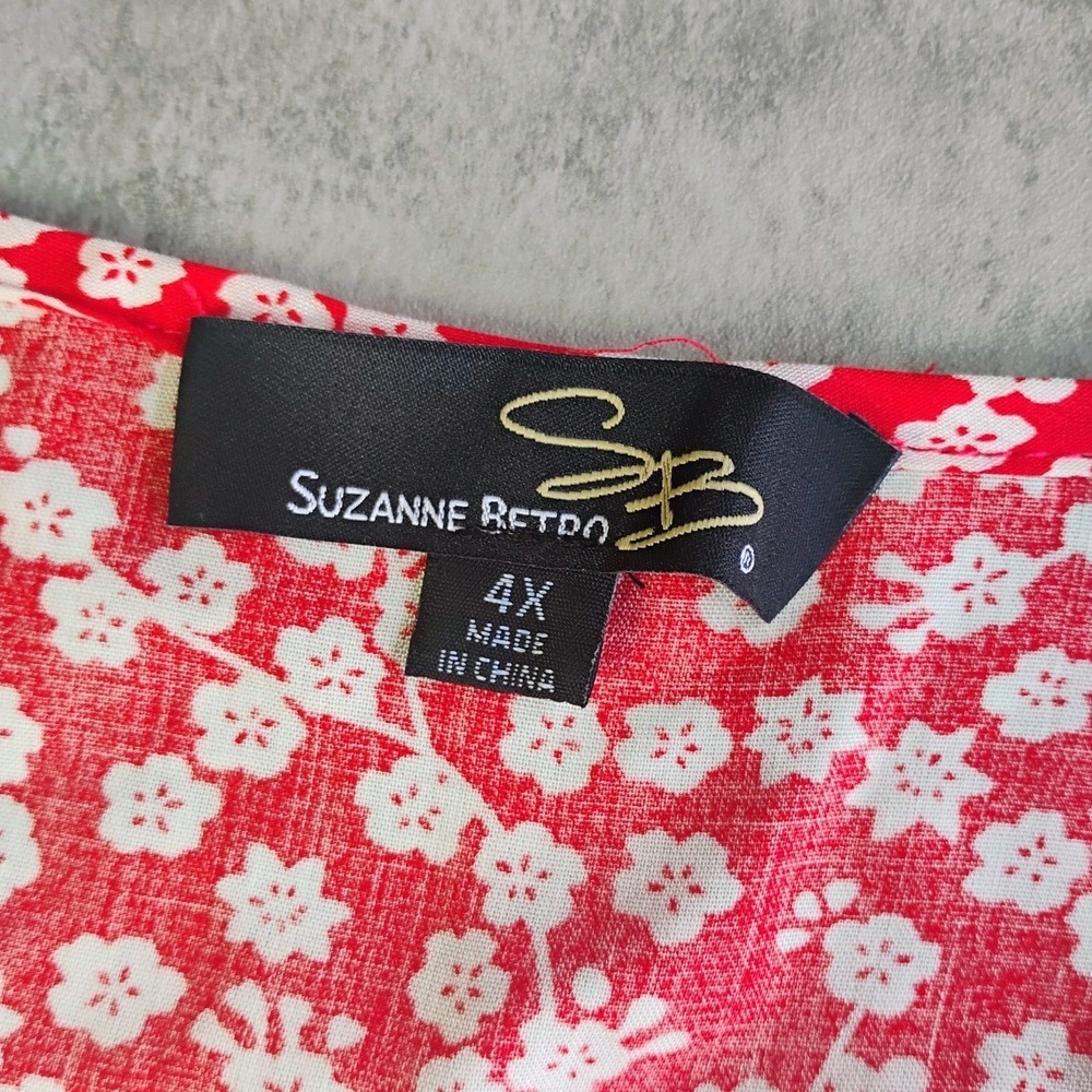 Suzanne Betro Long Sleeve Floral Top Womens 4X Red Tie Neck Keyhole Cottage Boho - Picture 5 of 9